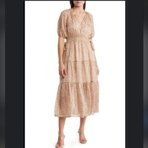 ASTR Coquette Girl Floral Tiered Balloon Puffed Sleeve Lined Midi In Cream Mauve